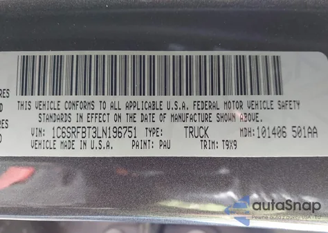 2020 Ram 1500 Big Horn 4X4 6'4 Box z USA, uszkodzony, nr VIN 1C6SRFBT3LN196751